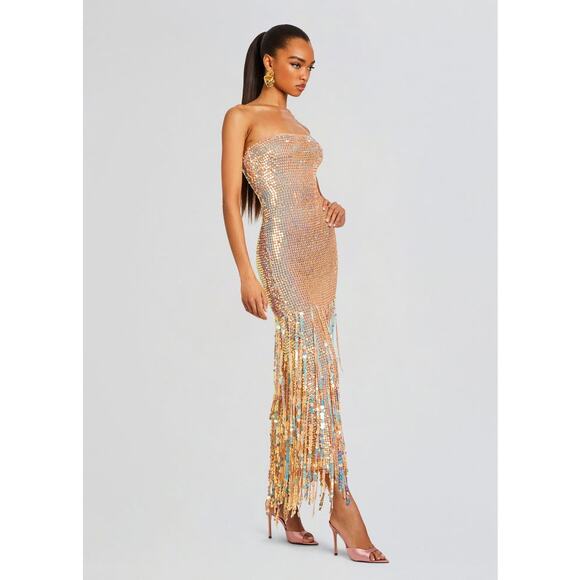 NWT RETROFETE Tan Tera Ballerina Colorway Sequin Fringe Crochet Dress Size M - Picture 2 of 11